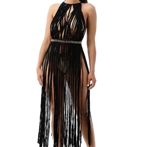Black Fringe Maxi Cover Up One Size Halter Sheer Beach Dress Gold Waist Detail - Picture 2 of 14
